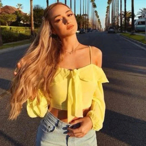 Privy Yellow Long Sleeve Open Shoulder Top - Picture 1 of 7